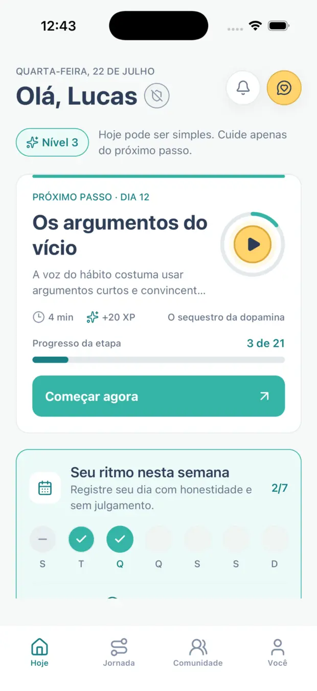 Tela inicial com missão e progresso semanal