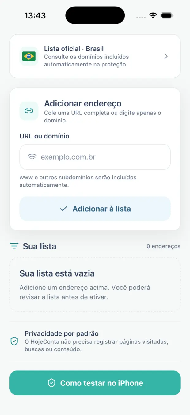 Configuração real de proteção e bloqueio no Hoje Conta